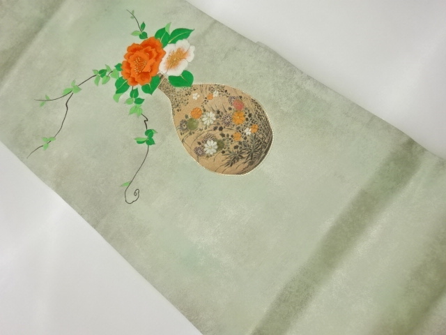 リサイクル　花瓶・花々に牡丹模様刺繍名古屋帯